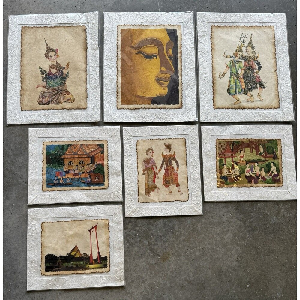 Set Of 7 Traditional Thai Art Prints On Mulberry Paper With Handmade Mats